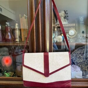 Gorgeous shoulder or clutch bag cream linen with burgundy leather